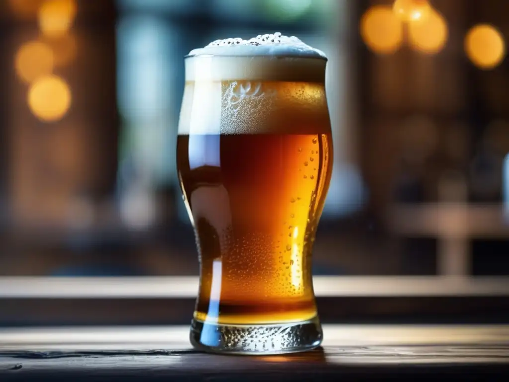 Cerveza artesanal en mesa rústica Un vistazo detallado a una cerveza artesanal en una mesa de madera rústica