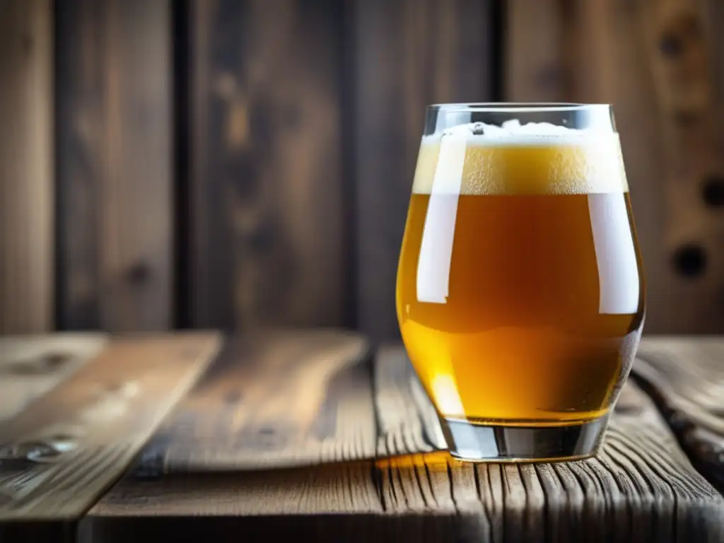 Cerveza artesanal en mesa rústica Cerveza artesanal en vaso rodeada de ingredientes de tradición y modernidad