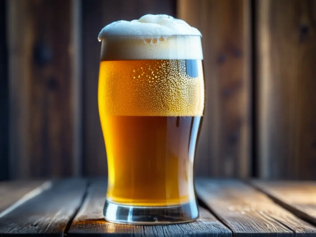Cerveza artesanal en vaso de vidrio Cerveza artesanal en vaso de vidrio con burbujas y detalles, en mesa de madera rustica - Egipto