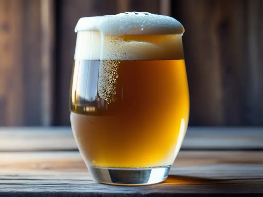 Cerveza artesanal en mesa rústica El Arte del Agua: Vaso de cerveza casera dorada y turbia, con espuma cremosa, gotas de condensación y ingredientes cerveceros
