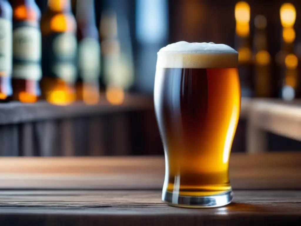 Cerveza artesanal en vaso de cristal lleno - Detalle de cerveza ámbar en vaso artesanal, en Torst, un icónico bar de cervezas en Brooklyn, Nueva York (Bares en Nueva York)