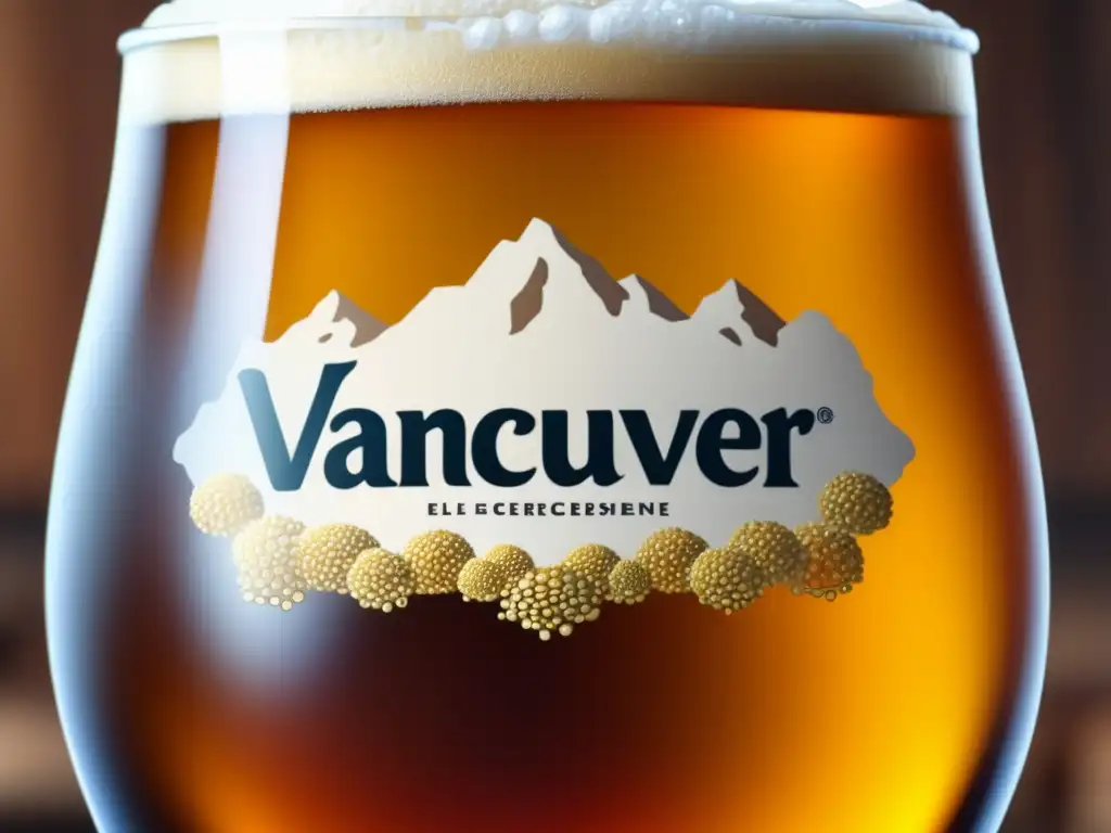 Cerveza artesanal con ingredientes naturales Ruta por Canadá: Detalle de cerveza artesanal ámbar con burbujas y ingredientes, en mesa de madera