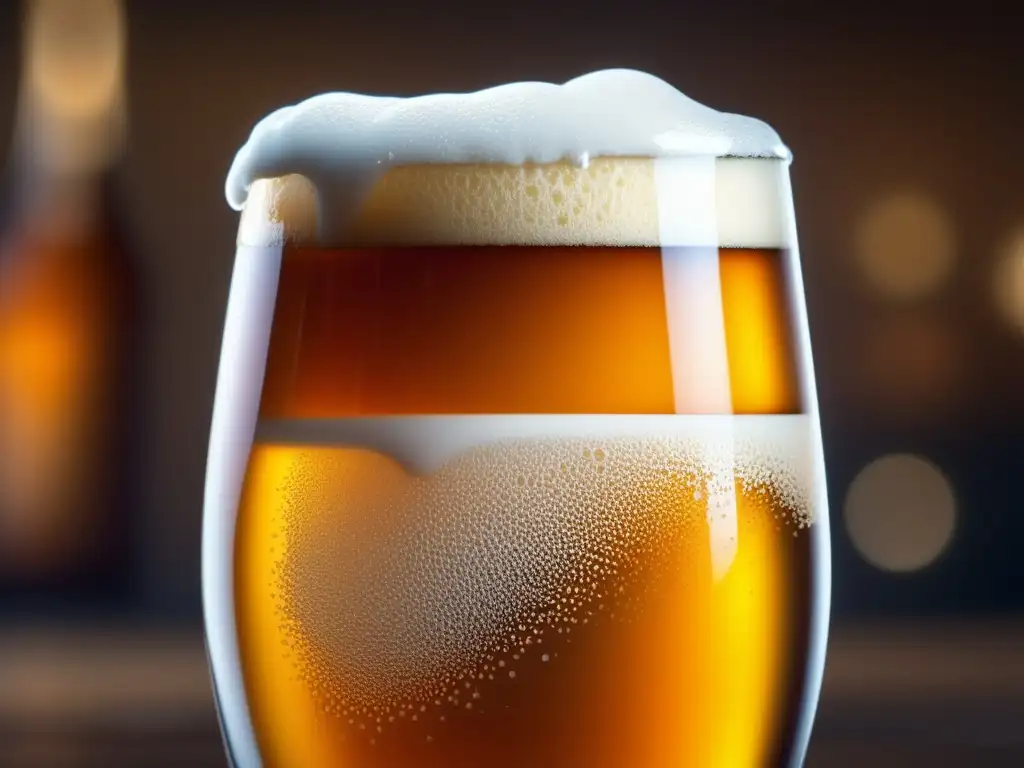 Cerveza artesanal moderna, burbujeante, ámbar y con espuma blanca, textura aterciopelada, detalles claros, condensación y fondo desenfocado