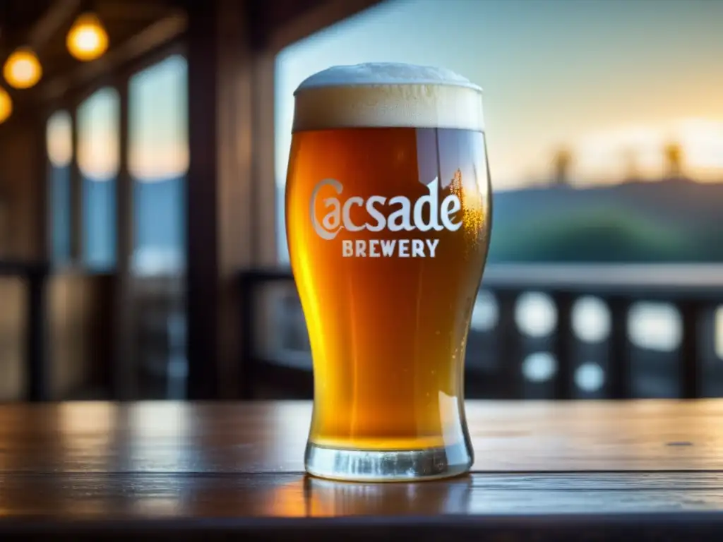 Cerveza pale ale de Cascade Brewery en vaso con detalles intrincados, texturas naturales y toque vintage