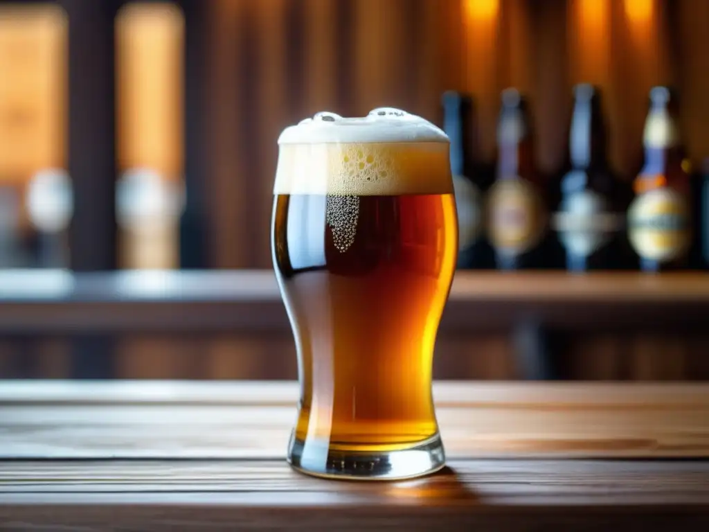 Cerveza artesanal ámbar en vaso transparente Cerveza artesanal con rica espuma, burbujas y detalles - Vocabulario de sabor