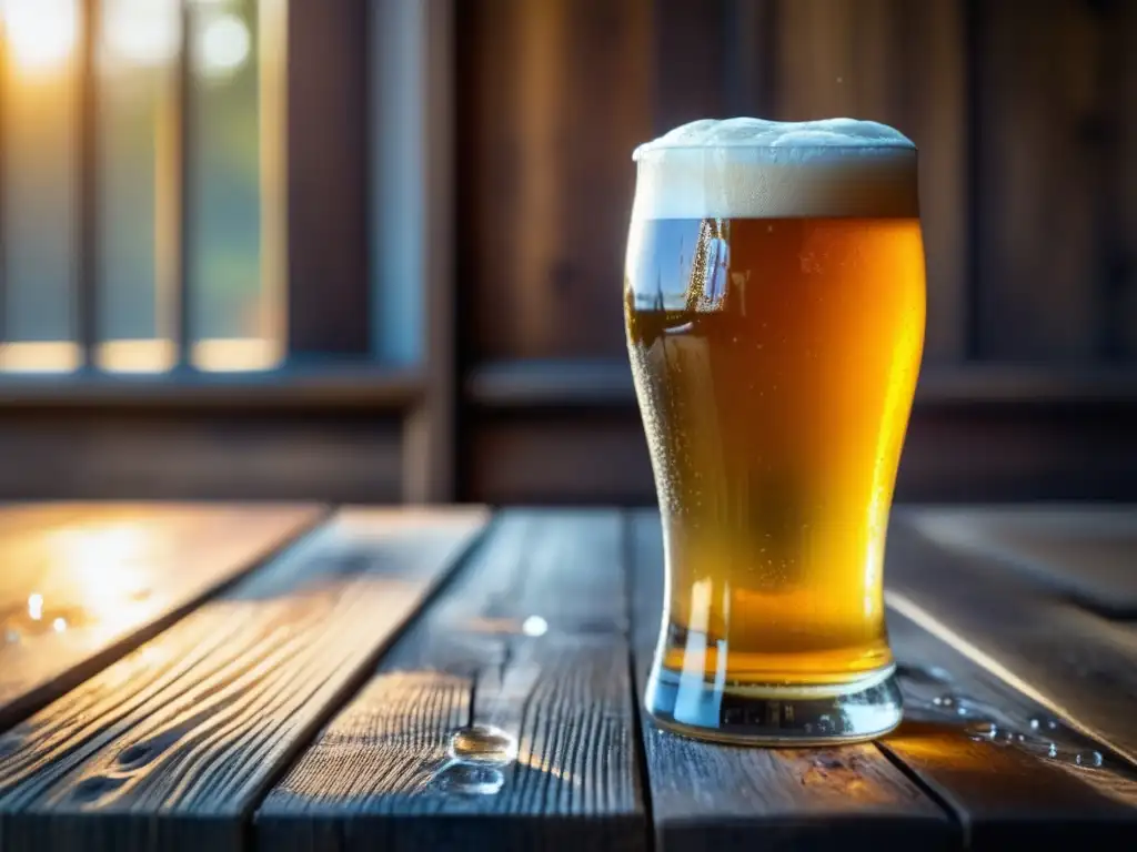 Cerveza artesanal dorada con burbujas y naranja en mesa de madera - Análisis de Tendencias
