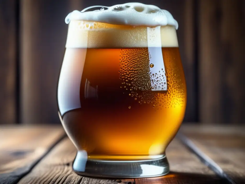 Cervezas especiales: Imagen detallada de una cerveza artesanal ámbar en un vaso de vidrio, con espuma cremosa y burbujas efervescentes