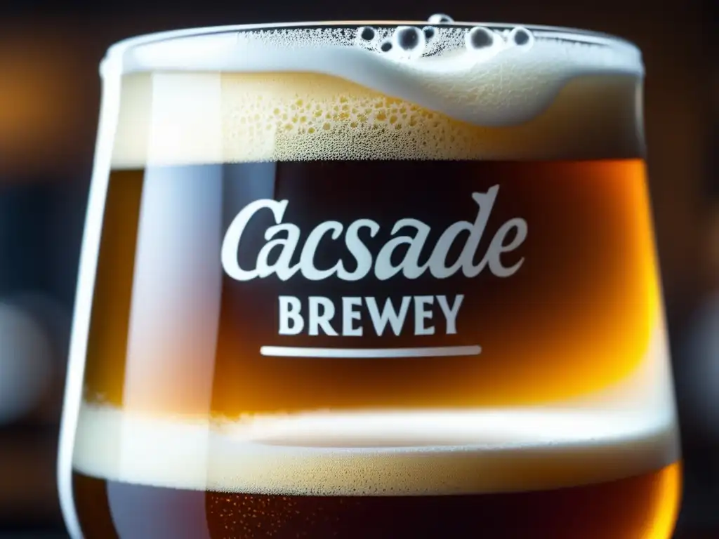 Cerveza de Cascade Brewery: espuma cremosa y burbujas en un vaso ámbar