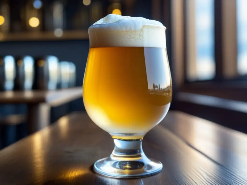 Detalles de una cerveza artesanal Detalles de una cerveza artesanal dorada con espuma blanca en un vaso de madera - Blogs Esenciales