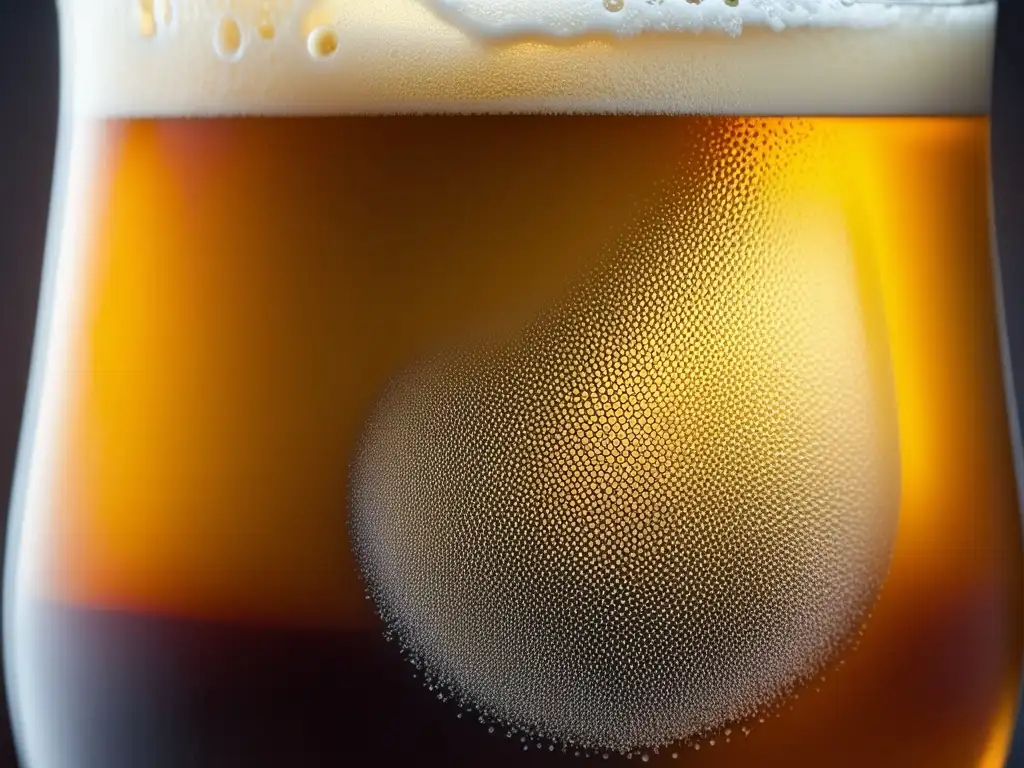 Cerveza artesanal con burbujas y color ámbar Un vaso de cerveza artesanal con espuma y color ámbar, condensación en el vidrio