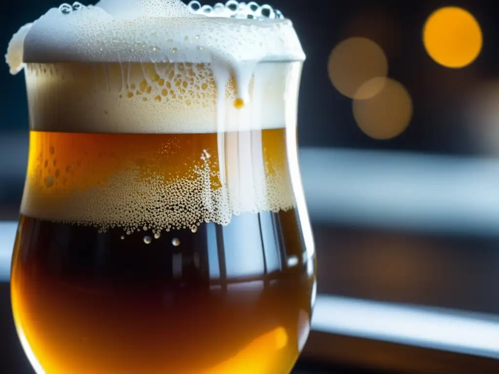 Cerveza ámbar con espuma cremosa y condensación Cerveza de sabor exótico: espuma cremosa, condensación brillante, detalle de ingredientes y aromas intensos