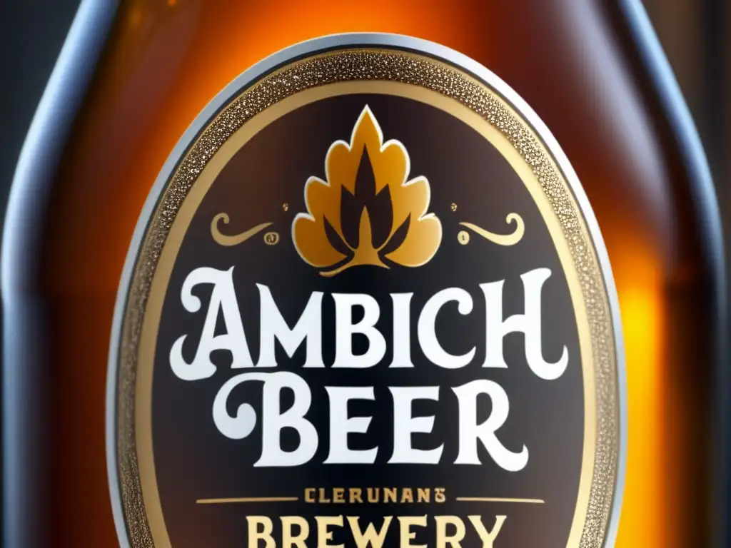 Cerveza artesanal en botella de vidrio Botella de cerveza ámbar con condensación, logo de la cervecería y detalles, fermentación controlada