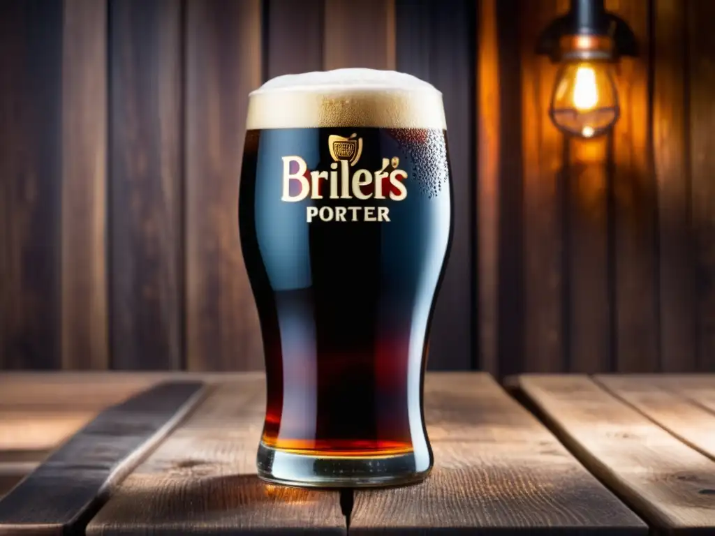 Pint glass filled with Fuller's London Porter Pintura artesanal de cerveza London Porter, con burbujas y detalles de vidrio, sobre mesa de madera rustica