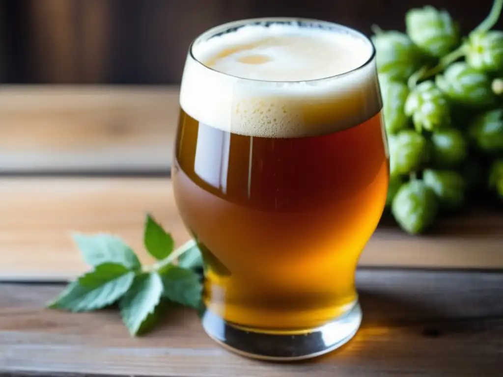 Cerveza dorada Mastra Golden IPA en mesa rústica Cerveza Mastra Golden IPA en mesa rústica con ingredientes de elaboración, burbujas y texturas ricas