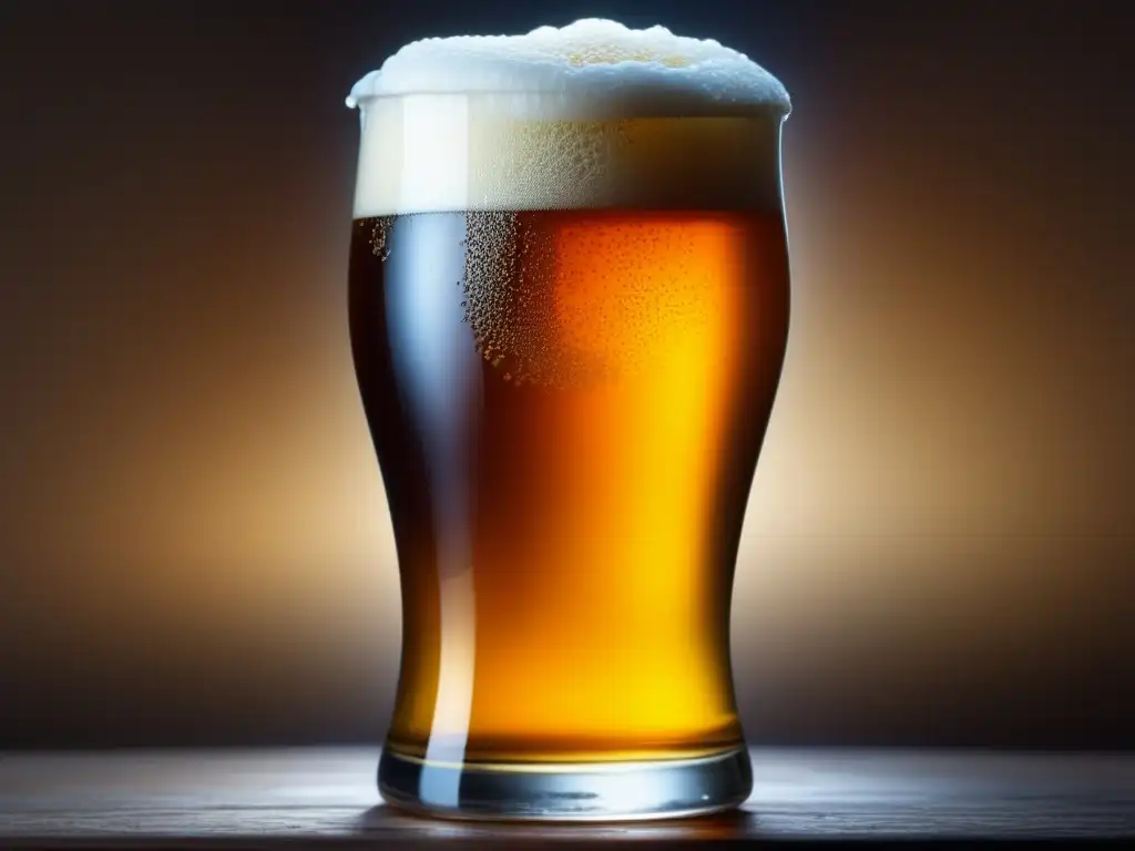 Cerveza ámbar con burbujas, espuma y condensación en vidrio - Ruta por Australia