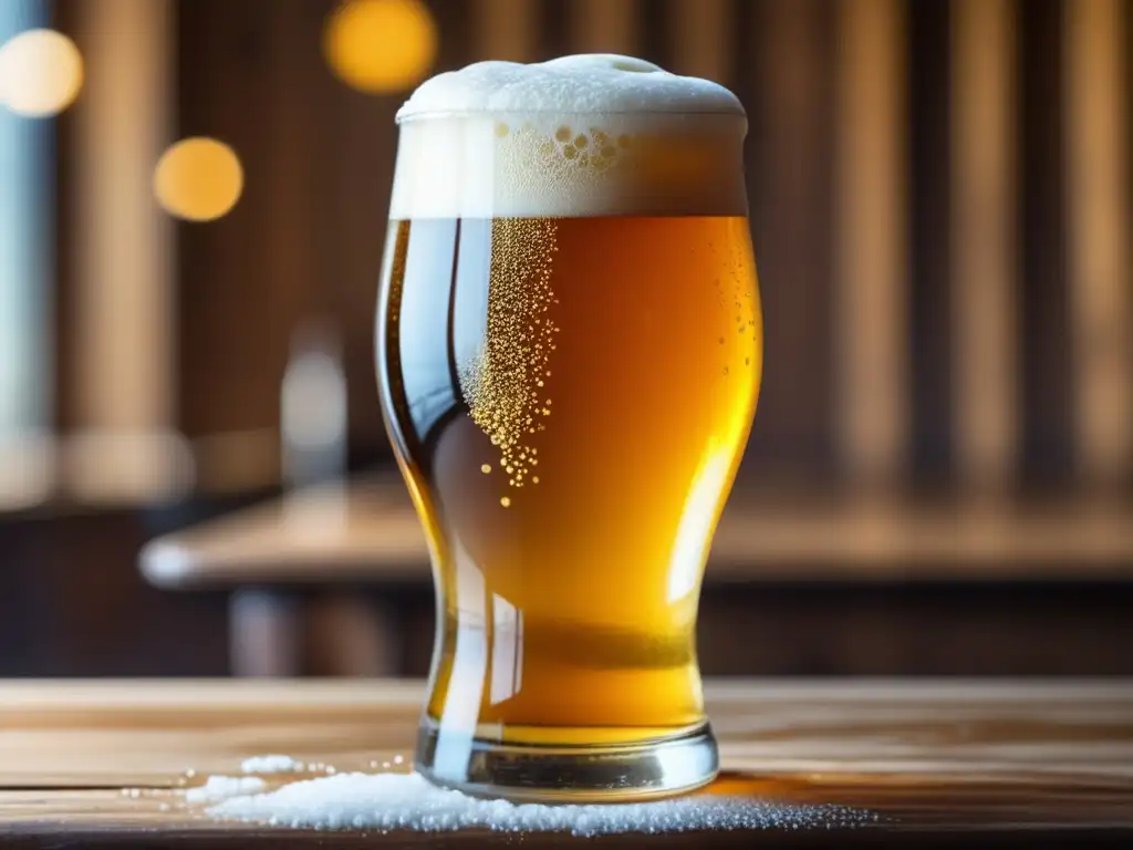 Cerveza artesanal dorada con cítricos frescos Cerveza ácida y experimentación: vaso de cerveza dorada con burbujas y espuma blanca, adornado con cítricos frescos
