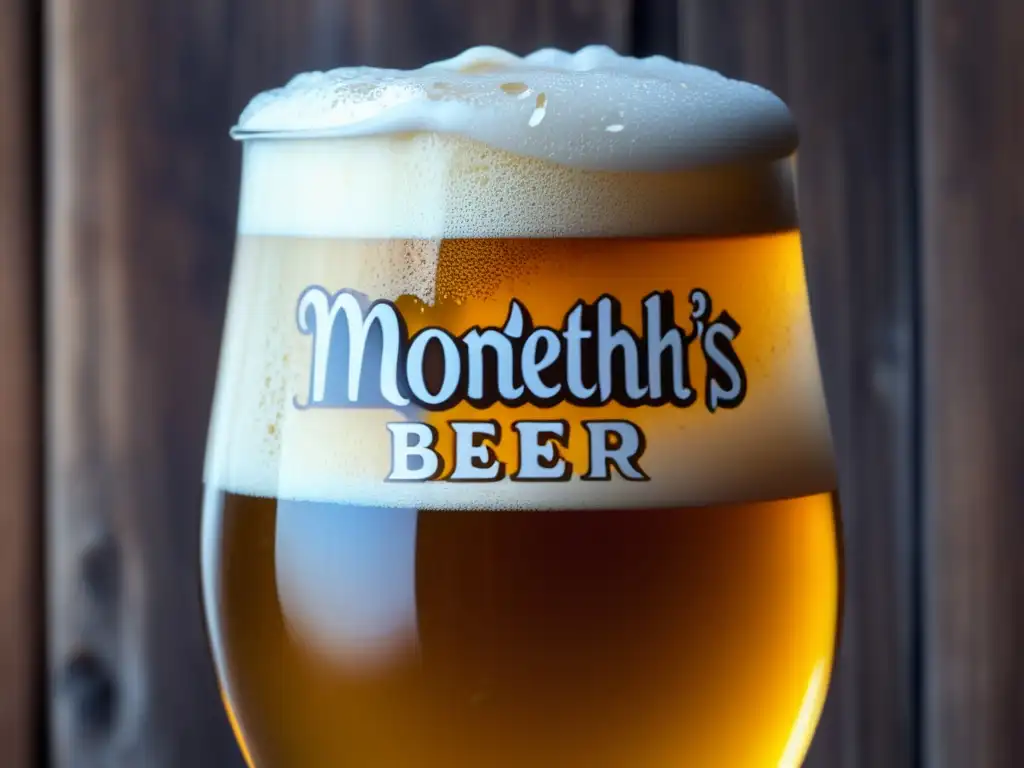 Cerveza Monteith's dorada con espuma cremosa en vaso de madera rústica