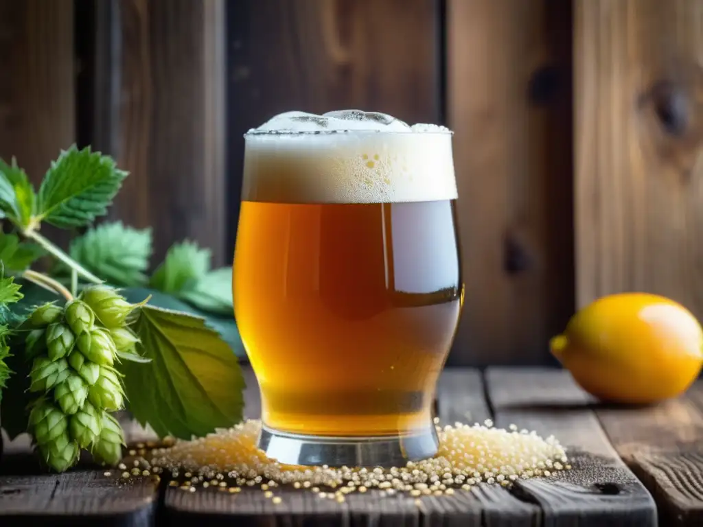 Cerveza artesanal refrescante y deliciosa Cerveza artesanal dorada en vaso con condensación, rodeada de ingredientes como lúpulo, cebada y frutas cítricas - Ruta por Israel
