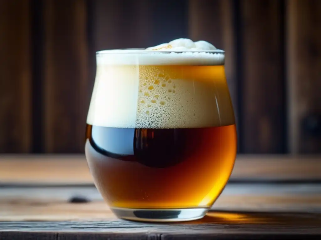 Cerveza artesanal con ingredientes locales Cerveza ámbar con espuma cremosa y burbujas, en mesa de madera rústica