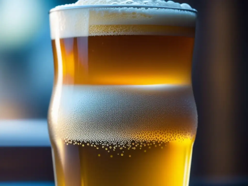 Pinta dorada de cerveza artesanal en Vancouver Pinta dorada de cerveza artesanal en vaso helado con burbujas y espuma - Ruta por Canadá