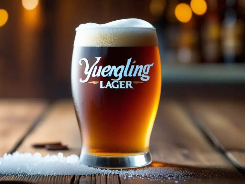 Cerveza Yuengling Traditional Lager perfectamente servida en un vaso helado, resaltando su color ámbar y efervescencia