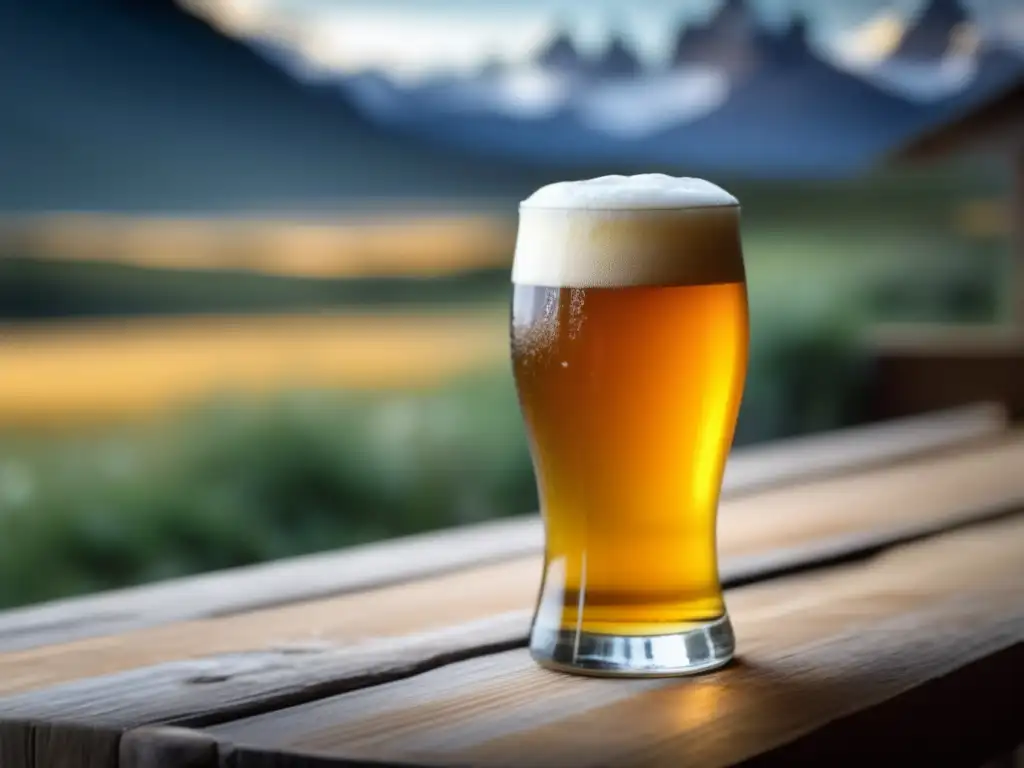 Cerveza Austral Calafate Ale: Refrescante y dorada Cerveza Austral Calafate Blonde Ale en mesa rústica, refrescante y sofisticada