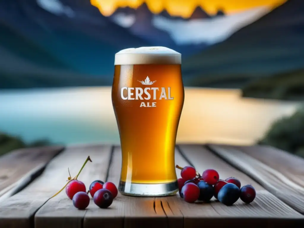 Cerveza Austral Calafate Ale con bayas calafate Cerveza Austral Calafate Ale con calafate y burbujas - Cerveza rubia con detalles vibrantes