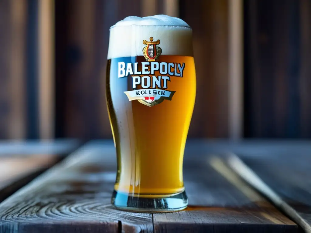 Imagen detallada de una cerveza Ballast Point California Kölsch perfectamente servida en una mesa de madera rústica
