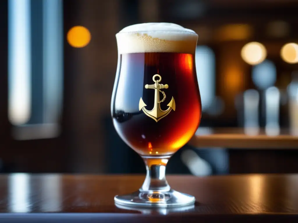 Cerveza Barleywine en vaso ámbar con espuma y campo de cebada borroso