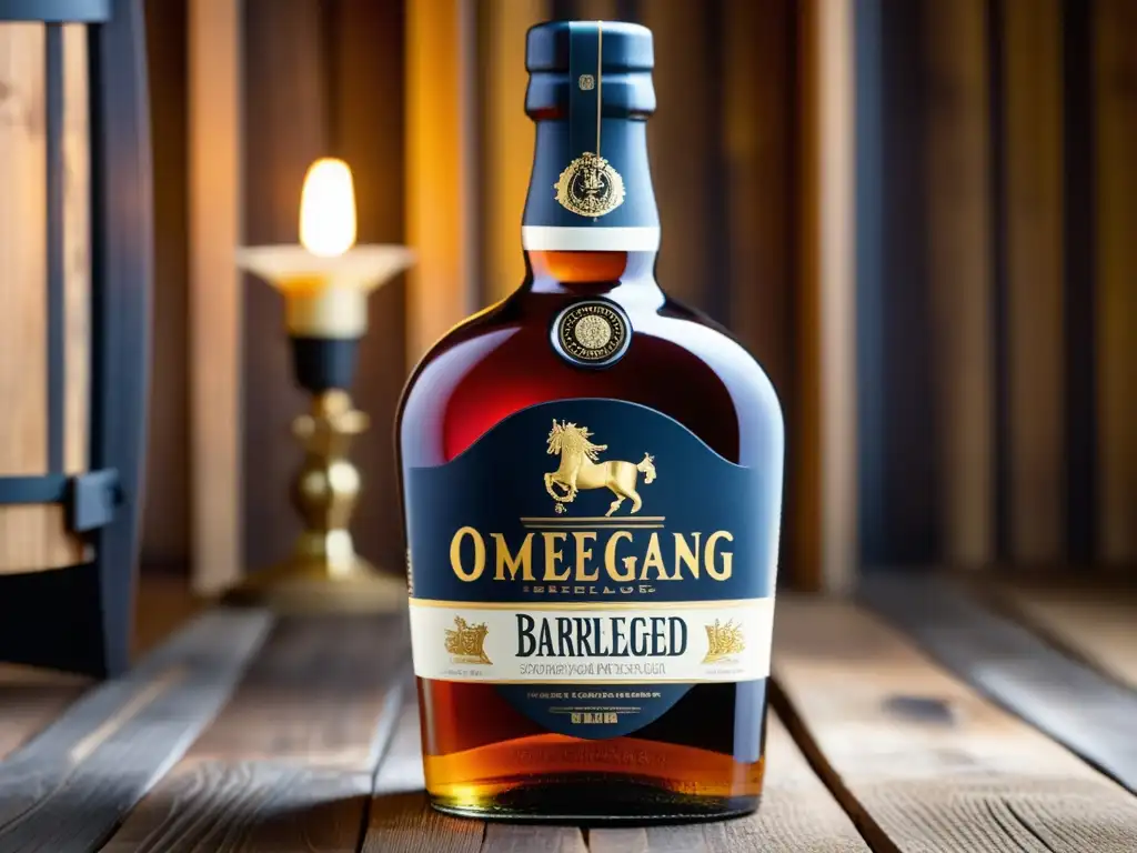 Botella exclusiva de Ommegang, elegante y sofisticada Ediciones limitadas: Botella de Ommegang envejecida en barrica de vino, exhibida con elegancia en superficie de madera rústica