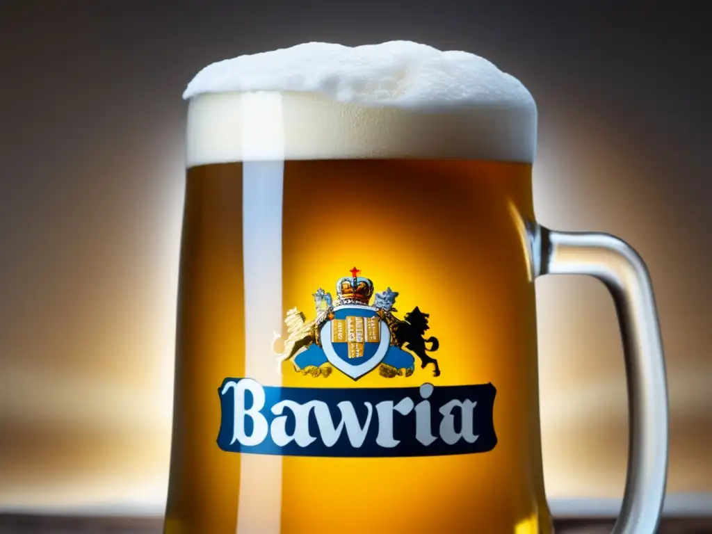 Cultura cervecera bávara en detalle Ruta por Alemania: Detalle impresionante de una cerveza bávara dorada en una jarra tradicional, con espuma cremosa y burbujas delicadas