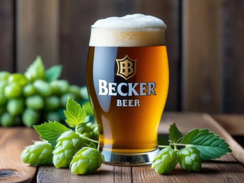 Cerveza dorada en vaso rodeada de lúpulo verde Imagen de cerveza Becker en mesa de madera, rodeada de lúpulos y con espuma cremosa