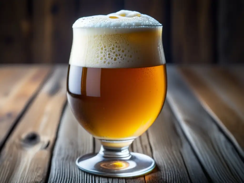 Una deliciosa cerveza belga ámbar en una mesa de madera rústica
