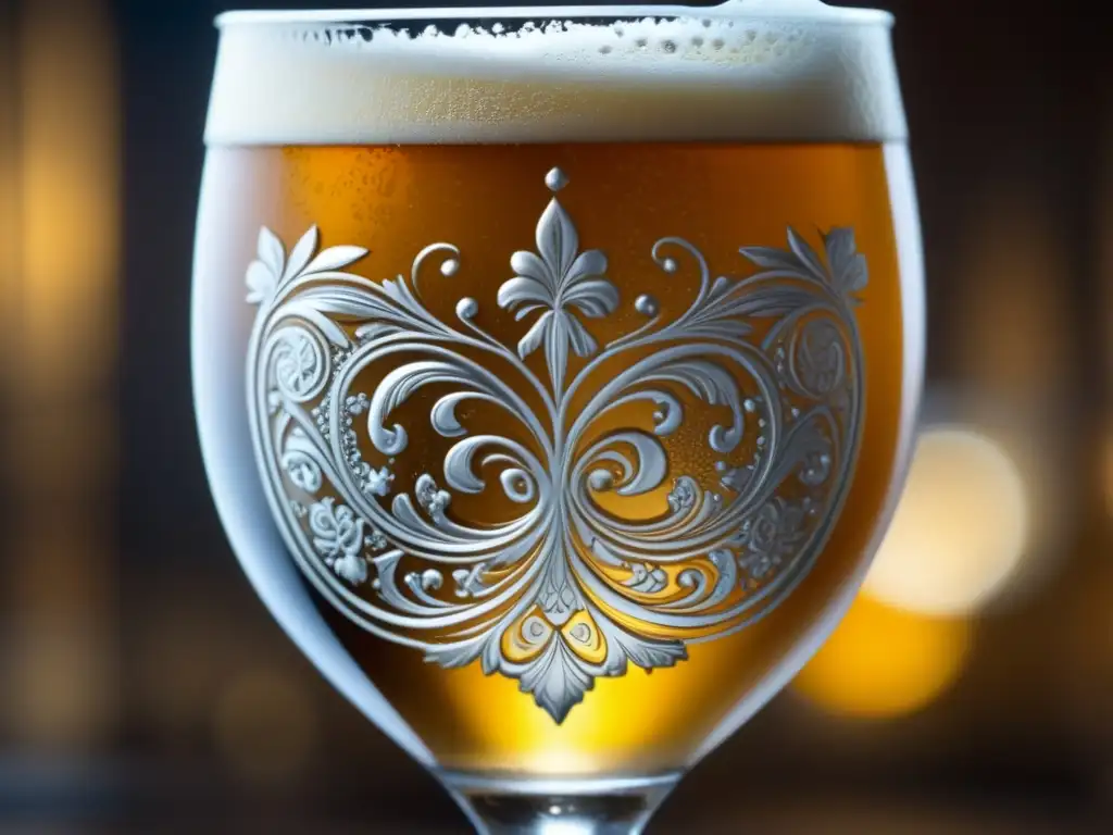 Vaso de cerveza belga dorada - Cerveza belga dorada en vaso adornado con detalles - Bares en Brugge