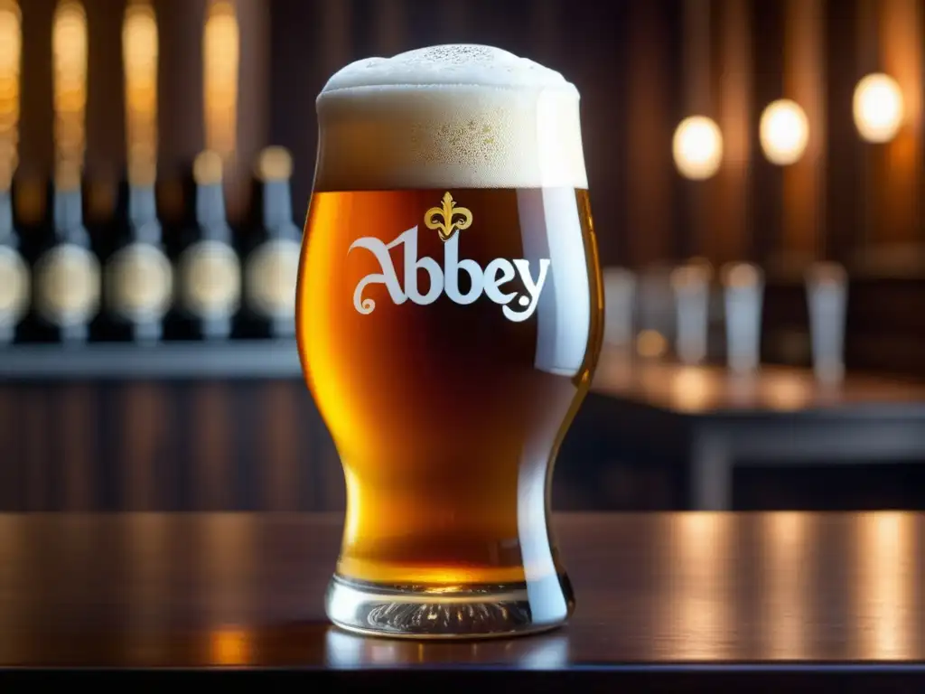 Vaso de cerveza Abbey belga, ámbar y espumosa, en mesa de madera tallada