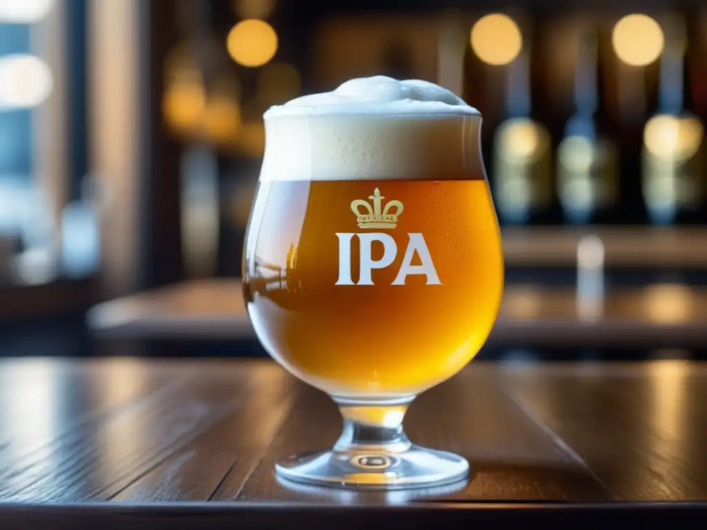 Cerveza belga dorada con espuma blanca y arte en vidrio Cerveza belga IPA dorada con espuma blanca en un vaso adornado y detalles artesanales