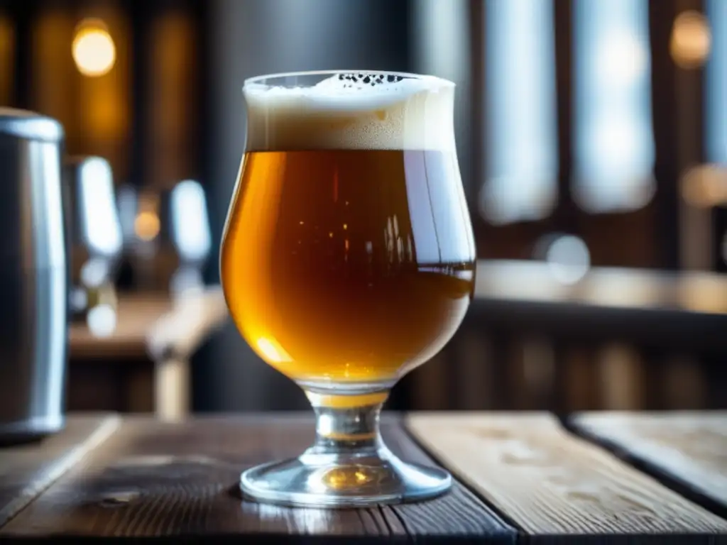 Cerveza belga dorada con espuma abundante en una copa, en una mesa de madera rústica