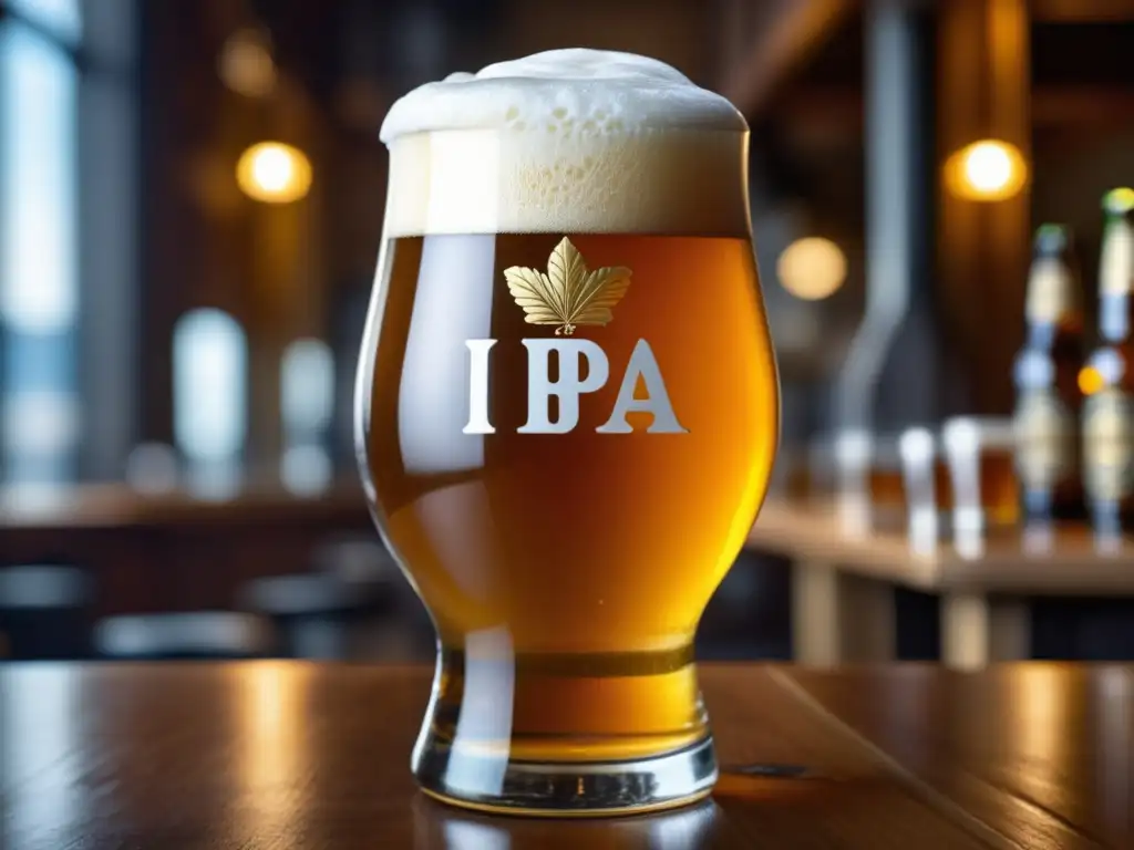 Cerveza belga dorada con espuma cremosa en vaso de cristal Detallada imagen de una cerveza belga IPA dorada en un vaso de vidrio adornado con espuma blanca y burbujas