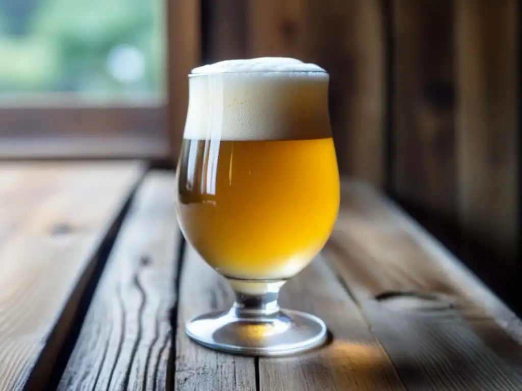 Cerveza Belgian Style con espuma blanca en vaso de vidrio sobre mesa de madera rústica