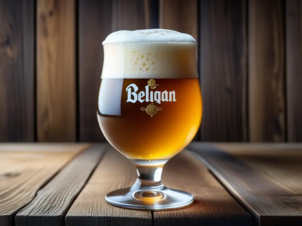 Cerveza belga en mesa rústica Experiencia cervecera en Bélgica: Ruta por Bélgica con cerveza ámbar, espuma cremosa y barriles tradicionales