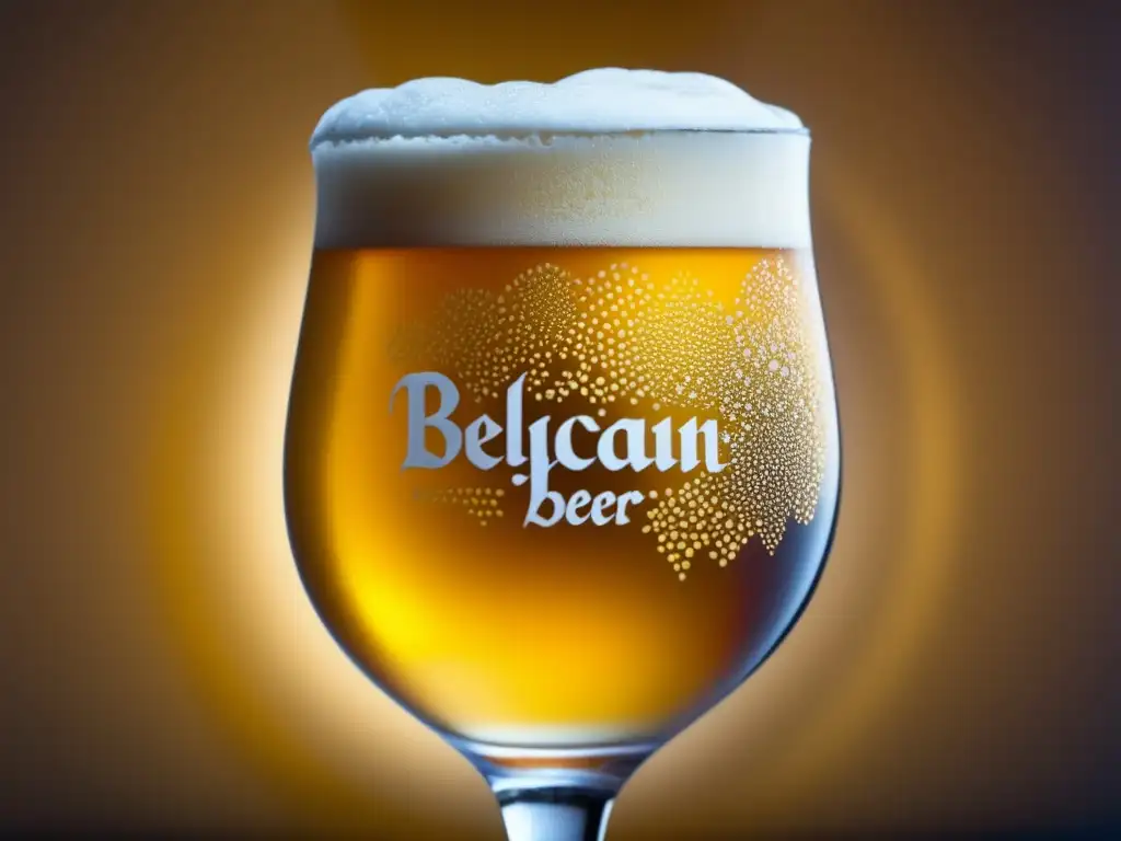 Cerveza belga dorada en vaso artesanal Una vista cercana de una elegante copa de cerveza belga dorada, adornada con patrones intrincados y acabado mate