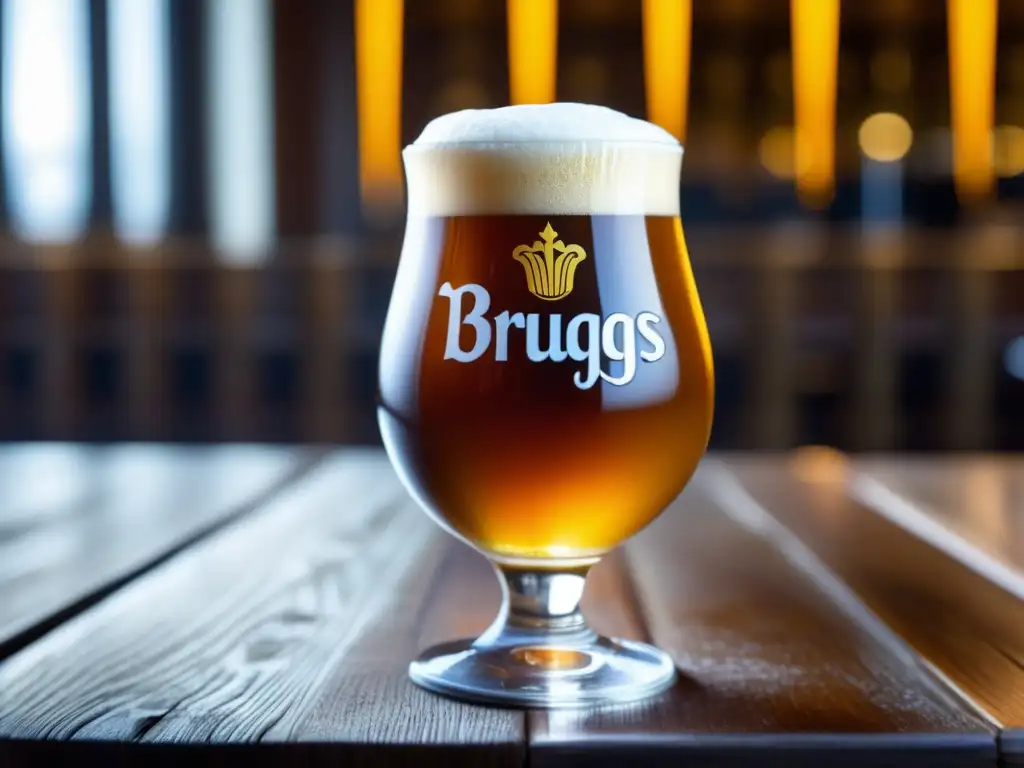 Cerveza belga en vaso tulipa Cerveza belga en copa tulipa, color ámbar con espuma blanca y burbujas brillantes