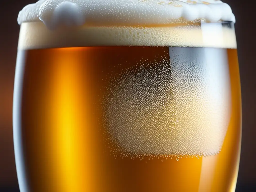Cerveza belga dorada en vaso con espuma Cerveza belga dorada en vaso, burbujas y condensación
