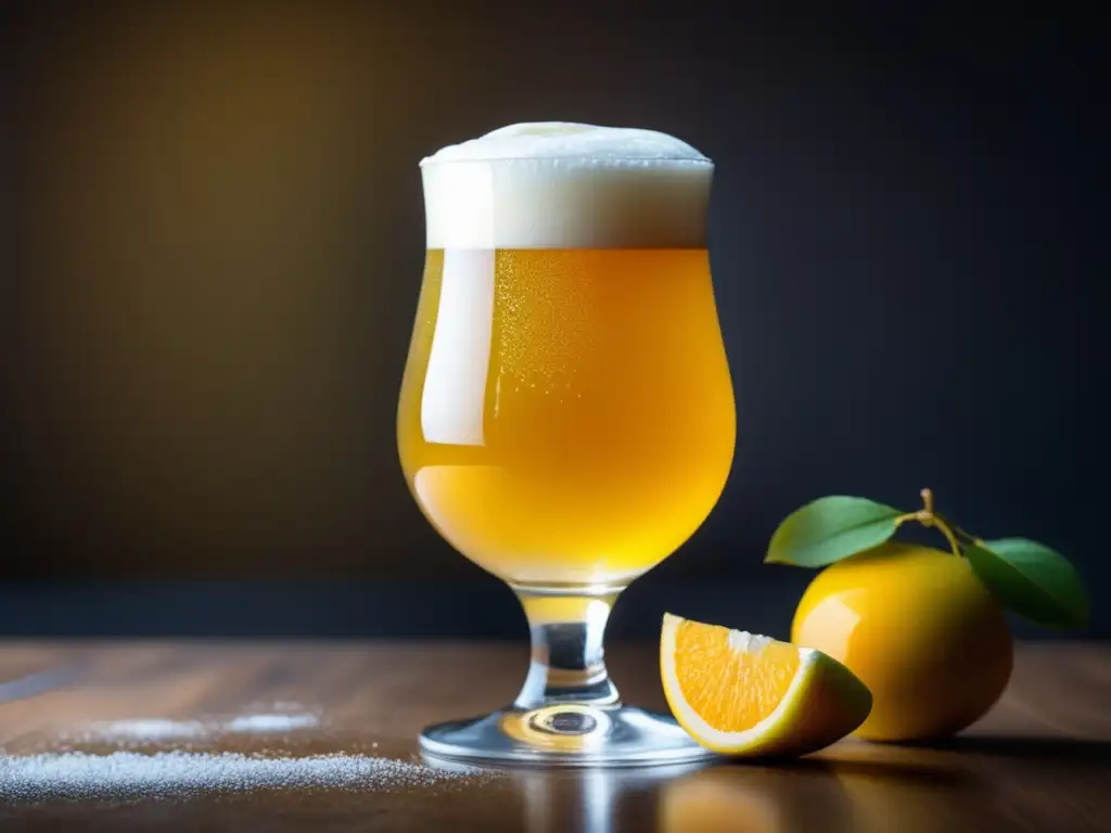 Berliner Weisse frutas envejecida en barrica, cítricos flotando, espuma y barril en fondo