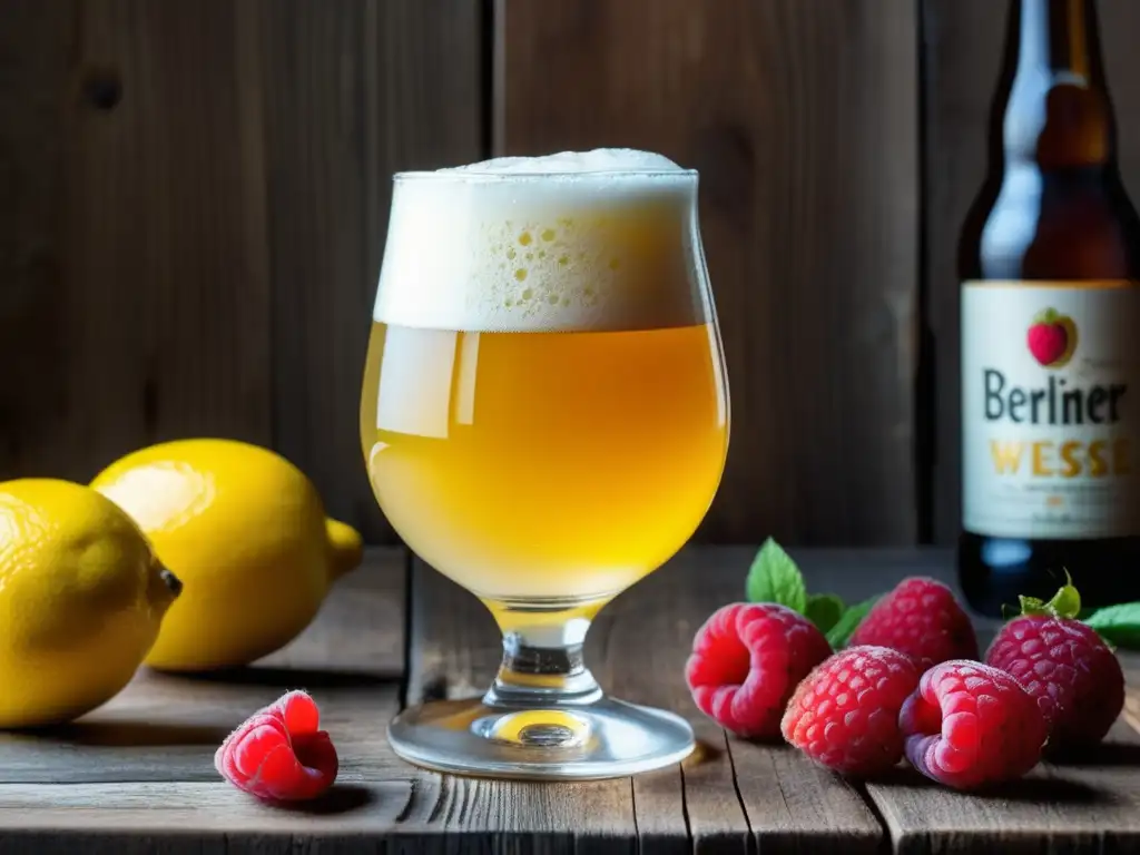 Cerveza Berliner Weisse con limón y frambuesas Imagen detallada de una cerveza Berliner Weisse en vaso rodeada de ingredientes frescos y equipo de fermentación