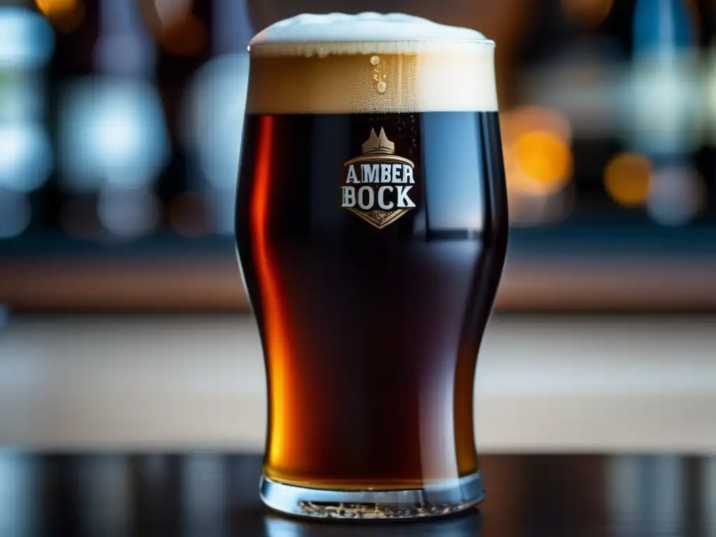 Cerveza Bock ámbar oscuro en vaso Cerveza Bock y Platos Invernales: Imagen de una cerveza Bock ámbar oscuro llenando una copa, con color rico y atractivo