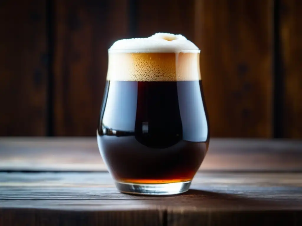 Deliciosa cerveza Bock en vaso de vidrio Vaso de cerveza Bock ámbar con espuma cremosa y condensación en mesa de madera