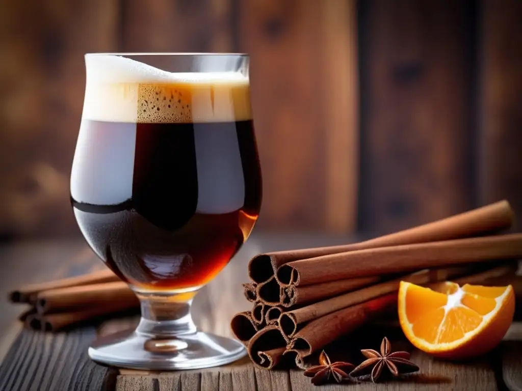 Cerveza Bock oscura y espumosa Bock y Platos Invernales en vaso de cristal rodeado de ingredientes invernales