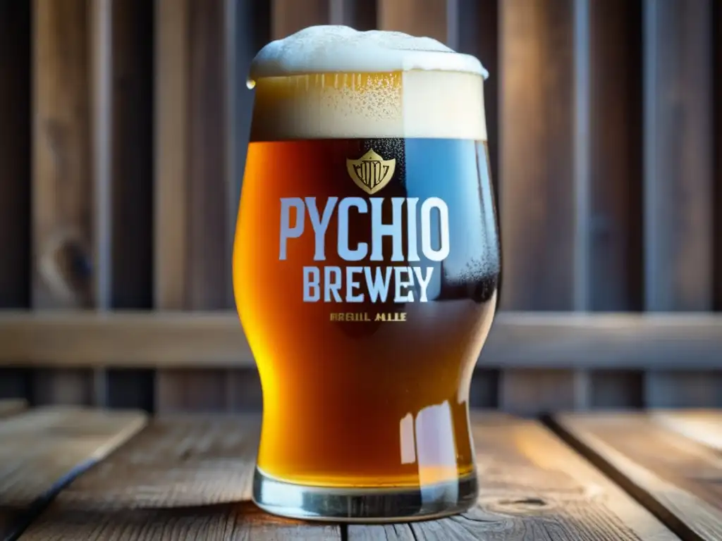Cerveza dorada de Border Psycho Brewery Detallada imagen de una cerveza Border Psycho Brewery's Imperial Psycho Ale en vaso de vidrio, con espuma cremosa dorada y burbujas efervescentes