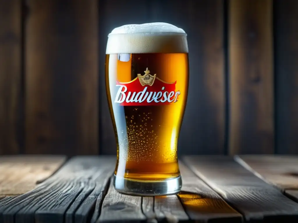 Imagen impresionante de una cerveza Budweiser Lager dorada en vaso de cristal sobre mesa de madera rústica